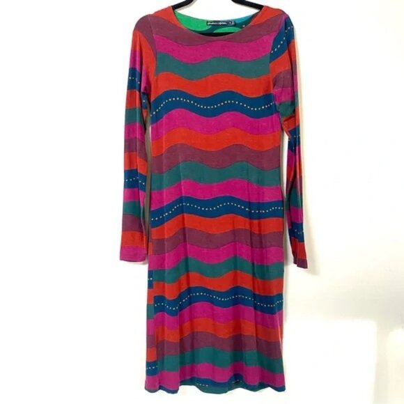 Swedish Gudrun Sjoden colorful wave stripe long sleeve midi dress size S - Picture 3 of 7